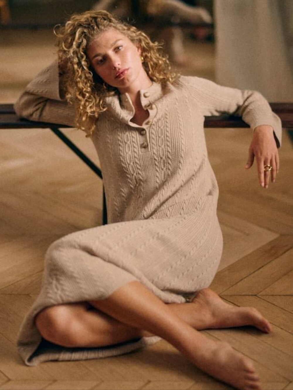 NWOT [Sezane] Oxane Dress in Mottled Beige, Size M, Knitted Maxi, Part Wool
